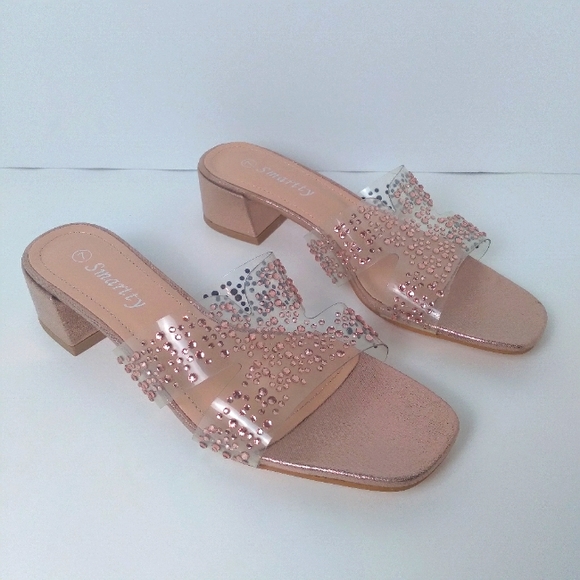 Rose Gold Champagne Sparkle Cut Out Side Open Toe Slide On Sandals-Size 7 NWT HP - Picture 2 of 8